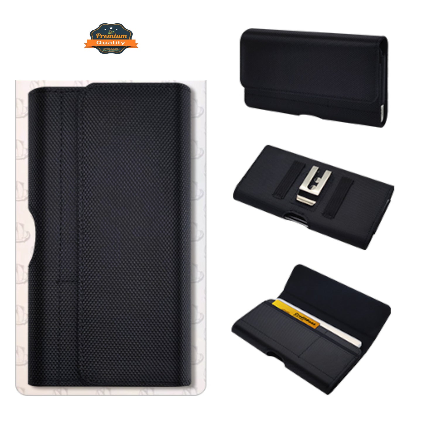 For Apple iPhone 16 Plus (6.7") Universal Nylon Canvas Horizontal Pouch Holster with Wallet Credit Card Slots & Belt Loop Clip Carrying Phone (6.7") [Black]