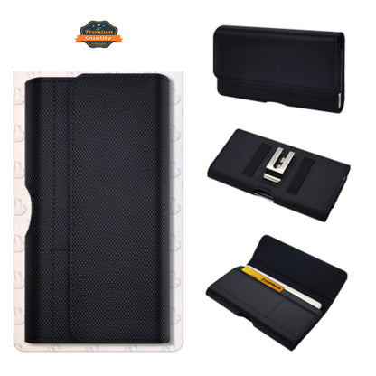 For Apple iPhone 16 Plus (6.7") Universal Nylon Canvas Horizontal Pouch Holster with Wallet Credit Card Slots & Belt Loop Clip Carrying Phone (6.7") [Black]