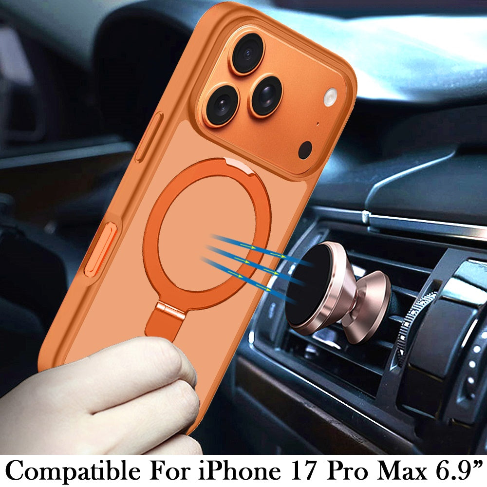 For Apple iPhone 17 Pro Max (6.9") Magnetic Circle Back with Ring Stand Full Rotation Matte Hybrid Shockproof Case Cover