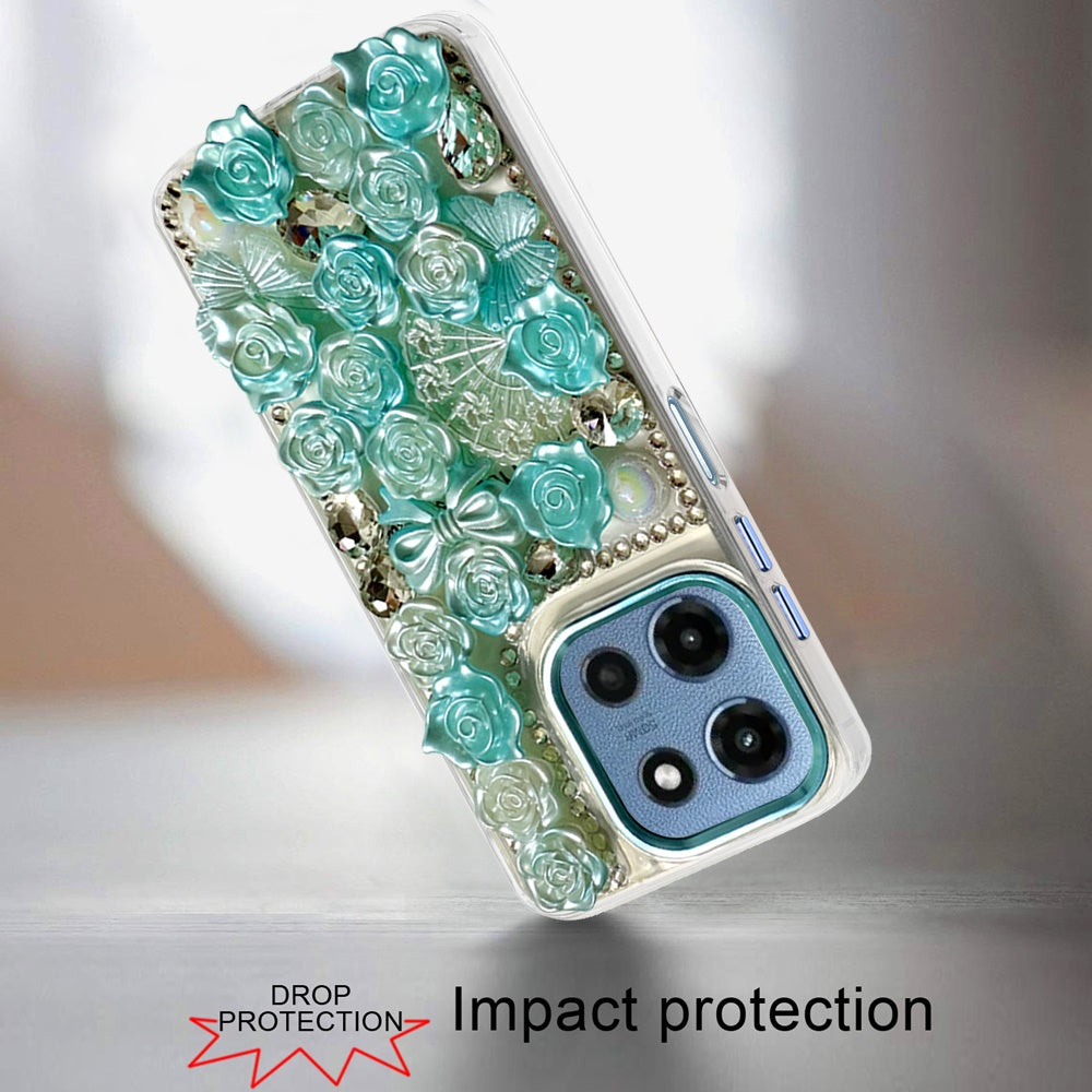 For Samsung Galaxy S25 Fan Edition /Galaxy S25 FE 3D Diamond Floral Roses Flower Bling Stone Hybrid, Sparkly Rhinestone Gemstone Back Shockproof Case Cover