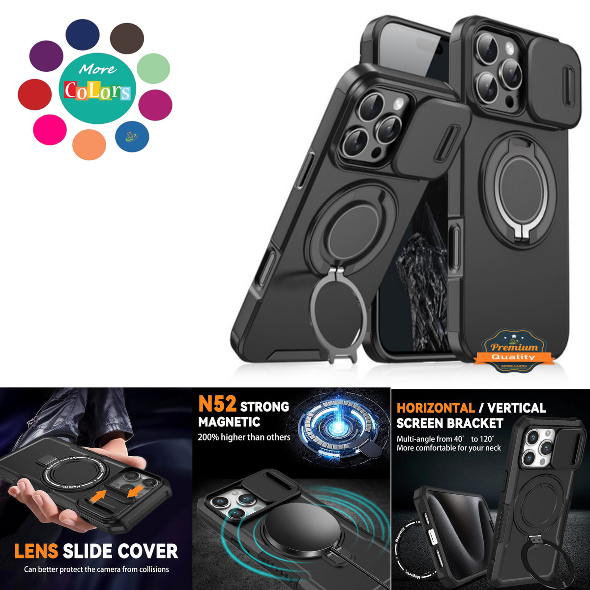 For Apple iPhone 17 Hybrid Case with 360° Magnetic Ring Stand, Camera Slide Protector & Compatible with MagSafe Case Cover
