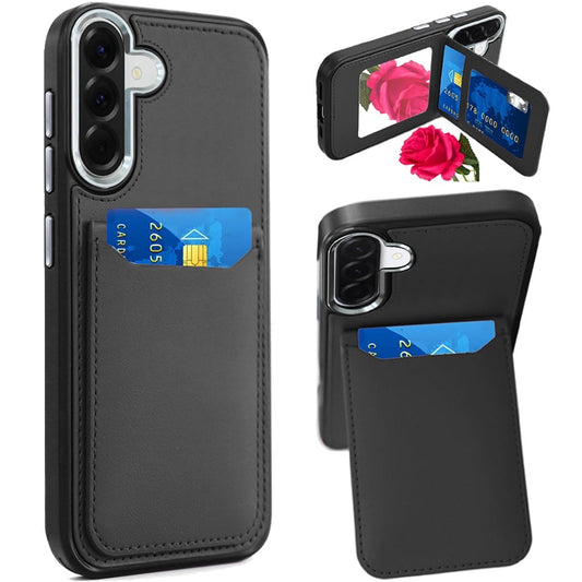 Phone Case for Samsung Galaxy A27 Credit Card Holder Mirror PU Leather Wallet Shockproof Grip Slim Protective Hybrid Magnetic Style Durable Cover Black