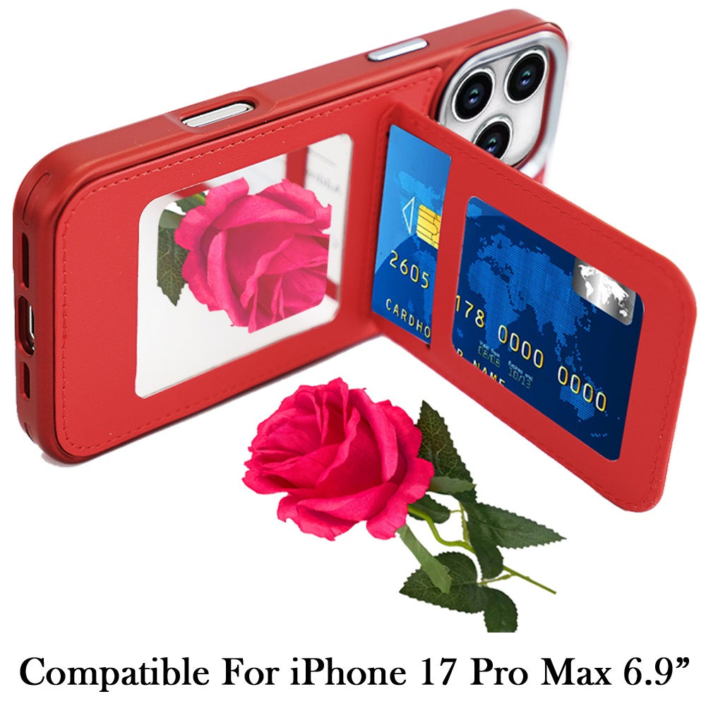 For Apple iPhone 17 Pro Max (6.9") PU Leather Wallet Cover with Credit Card Holder, Kickstand & Mirror Inside Slim Fit TPU & PC Hybrid Design Case Cover Red