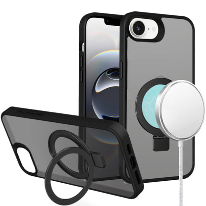 For Apple iPhone 17E /16E Magnetic Circle Kickstand with MagSafe Compatibility, Matte Skin, Rugged Bumper, and Ring Holder Case Cover Black
