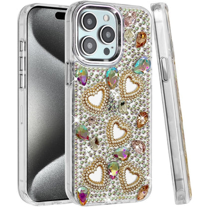 Phone Case for Apple iPhone 15 Pro Max Luxury Crystal Heart Rhinestone Diamond Bling Shockproof Hybrid Glitter Protective Stylish Durable Grip Cover