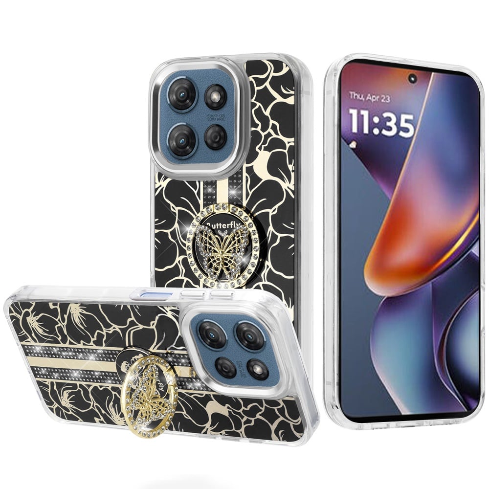 Phone Case for Motorola Moto G Play 5G 2026 Floral Butterfly Ring Stand Glitter Bling Shockproof Hybrid Luxury Fashion Protective Anti Slip Durable Grip Cover Black