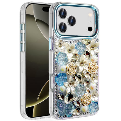 For Apple iPhone 17 Pro Max (6.9") 3D Diamond Floral Roses Flower Bling Stone Hybrid, Sparkly Rhinestone Gemstone Back Shockproof Case Cover