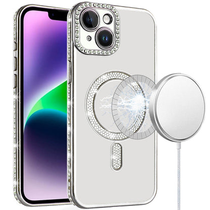 For Apple iPhone 14 /13 Bling Case with Diamond Magnetic Circle, Transparent Slim Shockproof Hybrid Slim Fit Case Cover