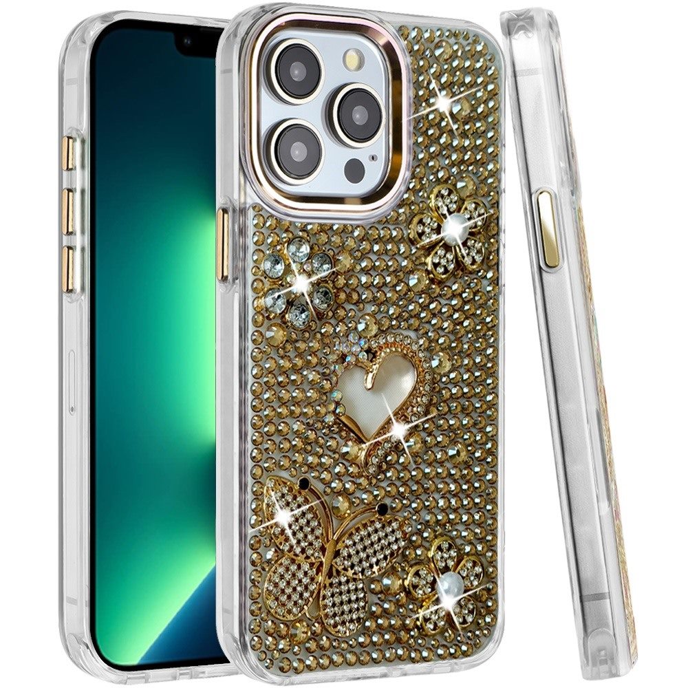 Phone Case for Apple iPhone 13 Pro Max Luxury Crystal Butterfly Floral Jeweled Heart Full Diamond Design, Sparkling Decorative Details, Elegant Style Cover