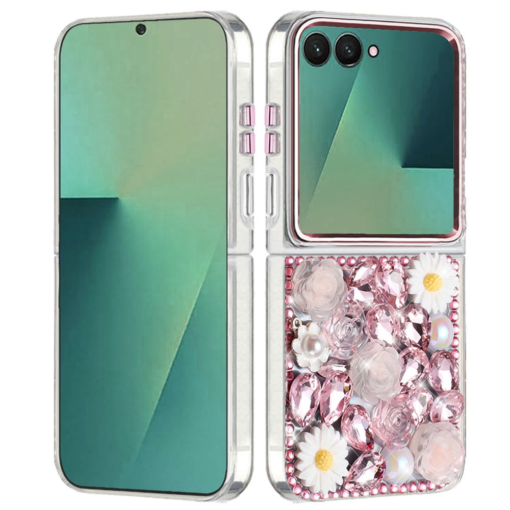 Phone Case for Samsung Galaxy Z Flip 7 Full Bling Rhinestone Glitter Floral Luxury Hybrid Shockproof Stylish Sparkling Protective Designer Ornament Cover Pink