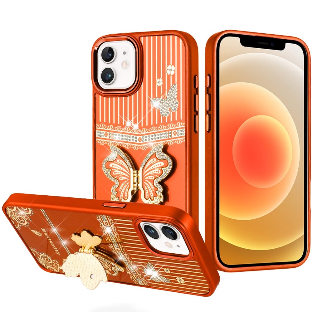 For iPhone 12 / iPhone 12 Pro (6.1") Glitter 3D Butterfly Design Bling Metallic Edge Hybrid Stand Drop Protection TPU Shockproof Case Cover Cosmic Orange