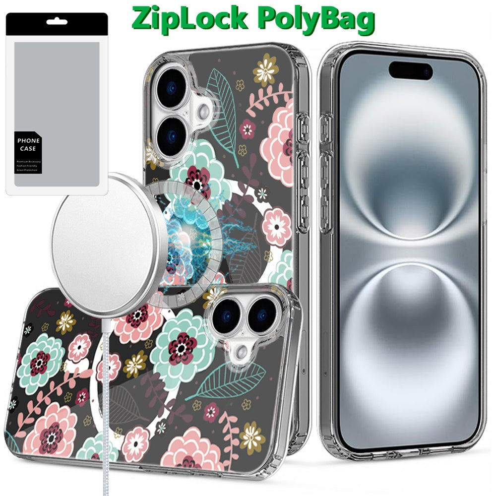 For iPhone 16 (6.1") Hybrid Flower Design Stylish Fashion Case, MagSafe Compatible, Thick Shockproof Hard PC Case Cover Colorful Flower