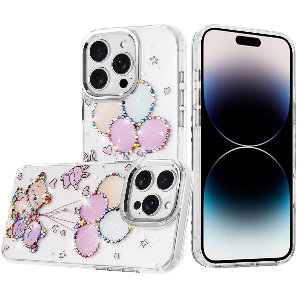 For iPhone 14 Pro Max (6.7") Butterfly Resin Epoxy Diamond Design Metal Edged Hybrid Shockproof Heavy Duty Drop Protection Case Cover
