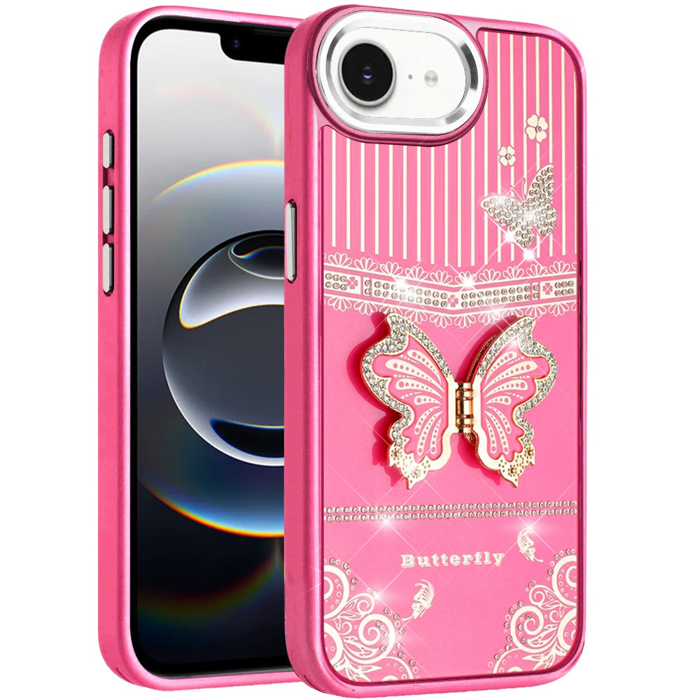 For Apple iPhone 17E /16E Glitter 3D Butterfly Design Bling Metallic Edge Hybrid Stand Drop Protection TPU Shockproof Case Cover