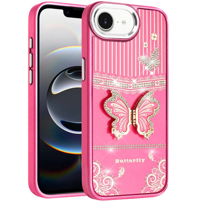 For Apple iPhone 17E /16E Glitter 3D Butterfly Design Bling Metallic Edge Hybrid Stand Drop Protection TPU Shockproof Case Cover