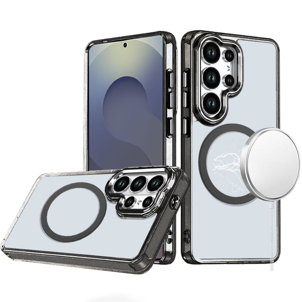 For Samsung Galaxy S25 Ultra Transparent Back Hybrid Case - Magnetic Circle, Color Frame, Metal Buttons, MagSafe Compatible Case Cover