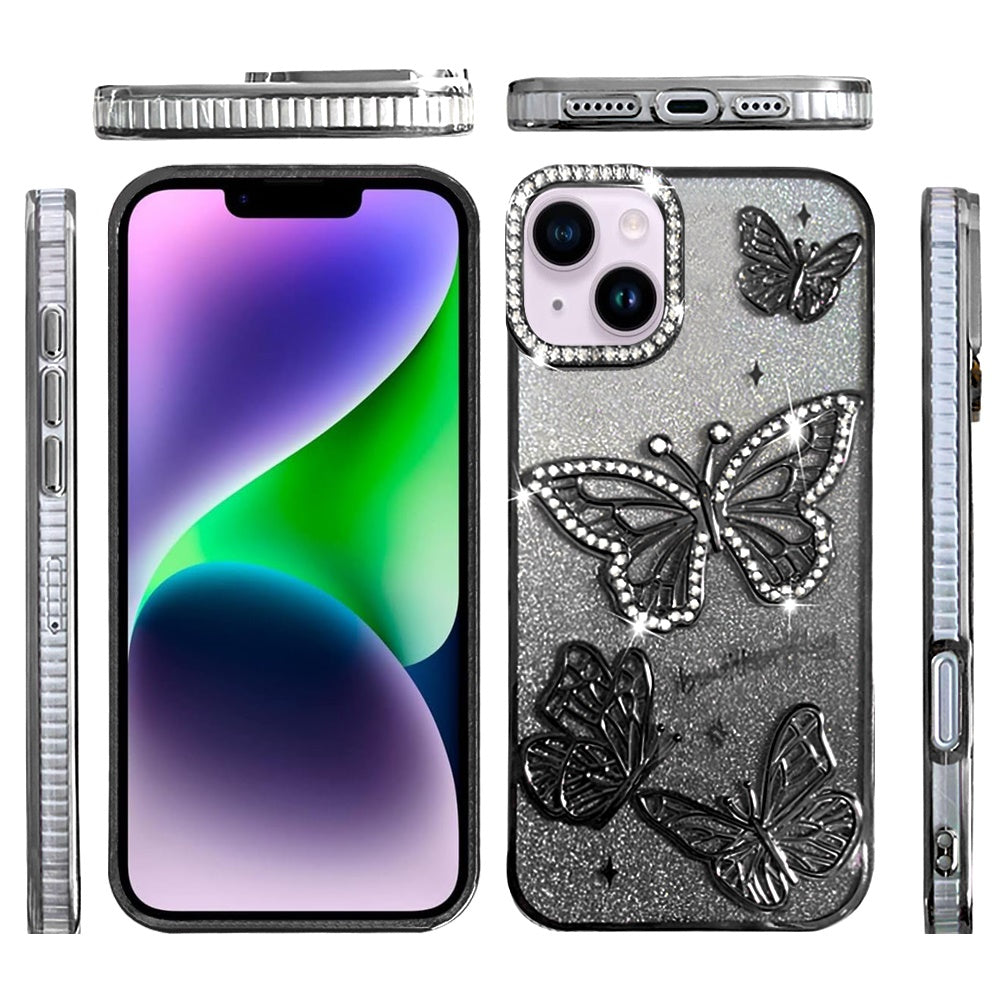 For Apple iPhone 16 (6.1" ) Luxury Butterfly Sparkle Glitter Diamond Crystal Rhinestone Shimmer Bling Plating Thick TPU Hard PC Case Cover