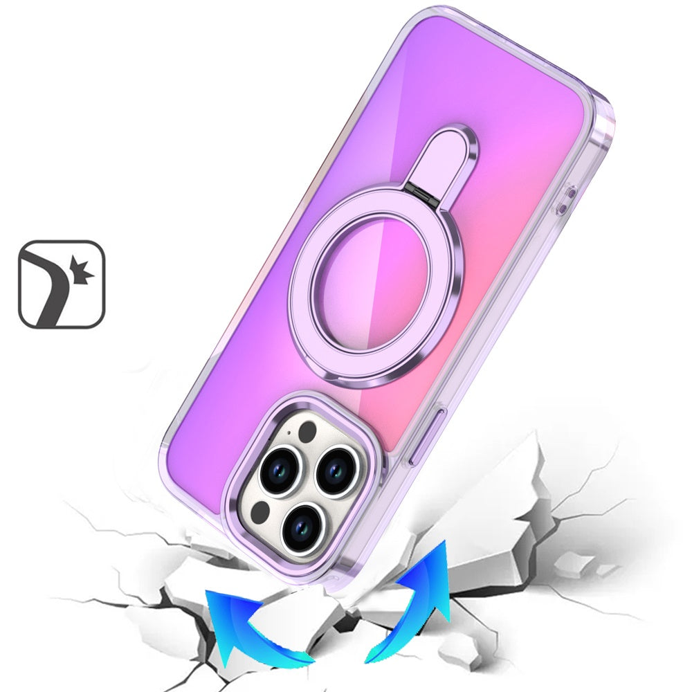 For Apple iPhone 14 Pro Max Chrome Hybrid with Rotating Magnetic Circle Ring Stand, Slim Shockproof Hybrid Case Cover