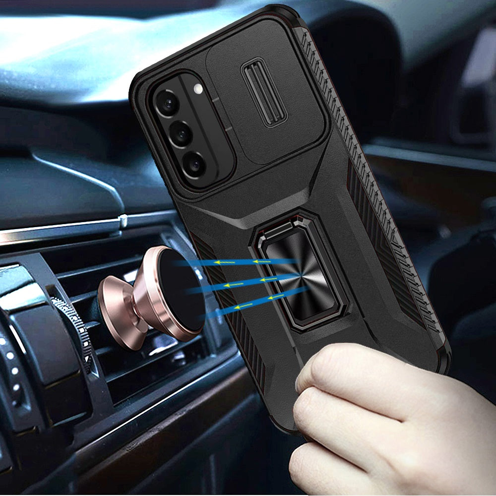 For Samsung Galaxy S21 Case, Camera Cover with Magnetic Rotation Ring Stand, Military Grade Hybrid Hard TPU Shockproof Case Cover Black