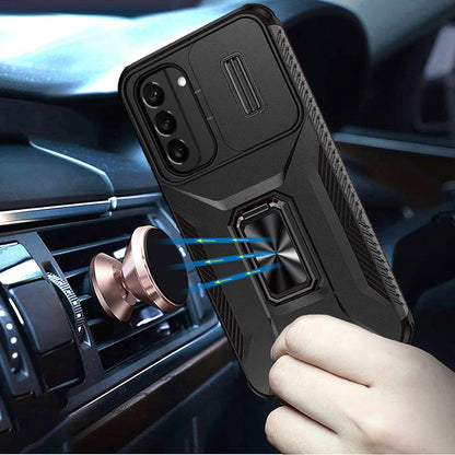 For Samsung Galaxy S21 Case, Camera Cover with Magnetic Rotation Ring Stand, Military Grade Hybrid Hard TPU Shockproof Case Cover Black