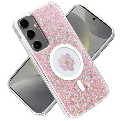 For Samsung Galaxy S25 /S24 MagSafe Compatible Glitter Flower Epoxy Hybrid Slim TPU Case, Magnetic Circle Design, Sparkly Bling Protective Case Cover