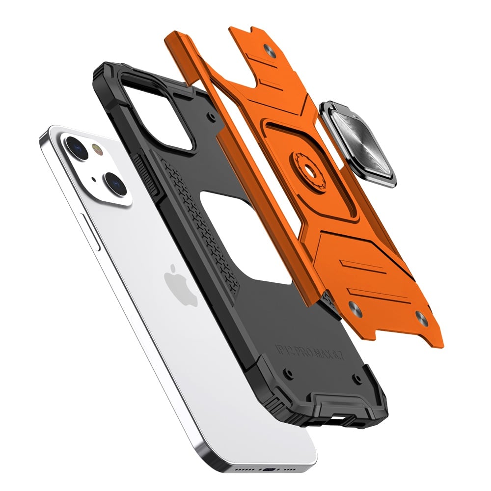 For iPhone 14/13 (6.1") Armor Hybrid Magnetic Stand with Ring Holder Kickstand Shockproof Heavy-Duty Durable Rugged TPU Dual Layer Case Cover Cosmic Orange