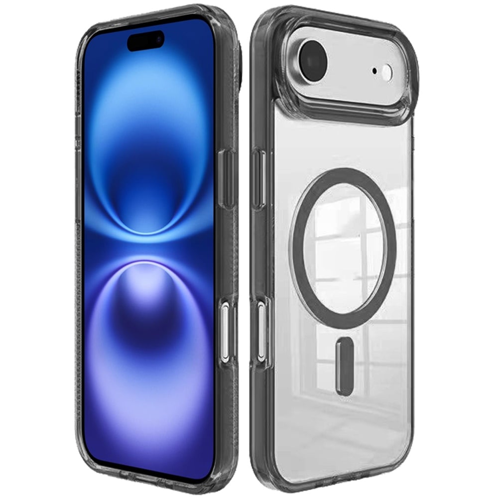For Apple iPhone 17 Air (6.6") Transparent Magnetic Ring Circle Stand with MagSafe Compatible Hybrid Dotted Edged Hard PC Shockproof Case Cover Black