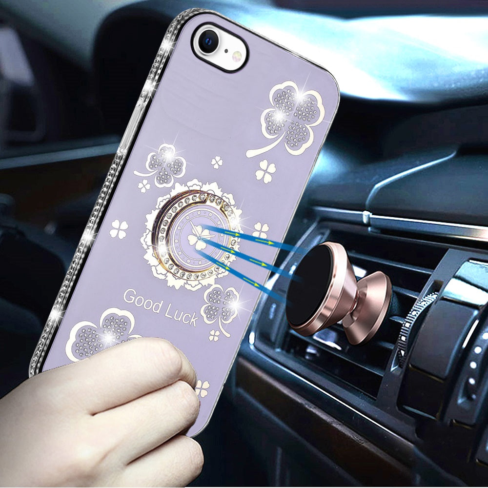 For Apple iPhone 16e Diamonds Bling All Around Edges Sparkly Glitter Hybrid with Ring Stand Holder Fashion Good Luck Case Cover