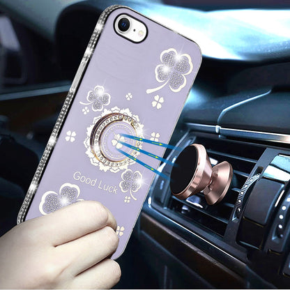 For Apple iPhone 16e Diamonds Bling All Around Edges Sparkly Glitter Hybrid with Ring Stand Holder Fashion Good Luck Case Cover