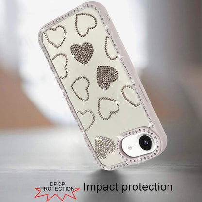 For Apple iPhone 17E /16E Spread Love Glitter Shimmer Bling Diamond Edge Hybrid Drop Protection Shockproof Design Case Cover Beige