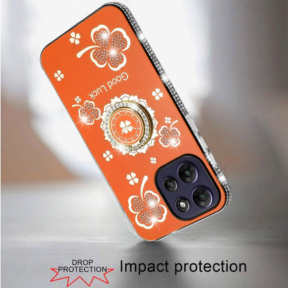 For Motorola Moto G Power 5G 2026 /2025 Diamonds Bling All Around Edges Sparkly Glitter Hybrid with Ring Stand Holder Fashion Good Luck Case Cover Cosmic Orange