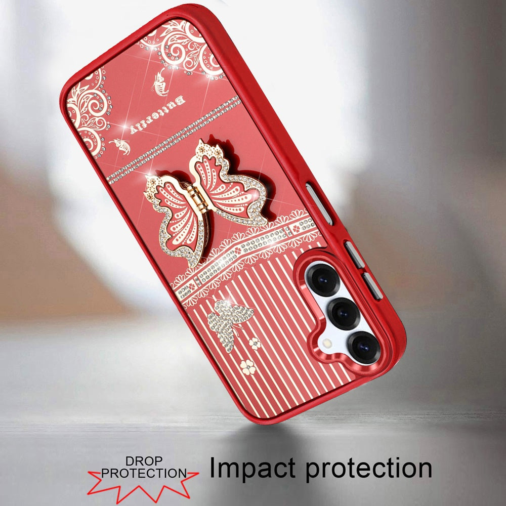 For Samsung Galaxy A16 5G Glitter 3D Butterfly Design Bling Metallic Edge Hybrid Stand Drop Protection TPU Shockproof Case Cover Red