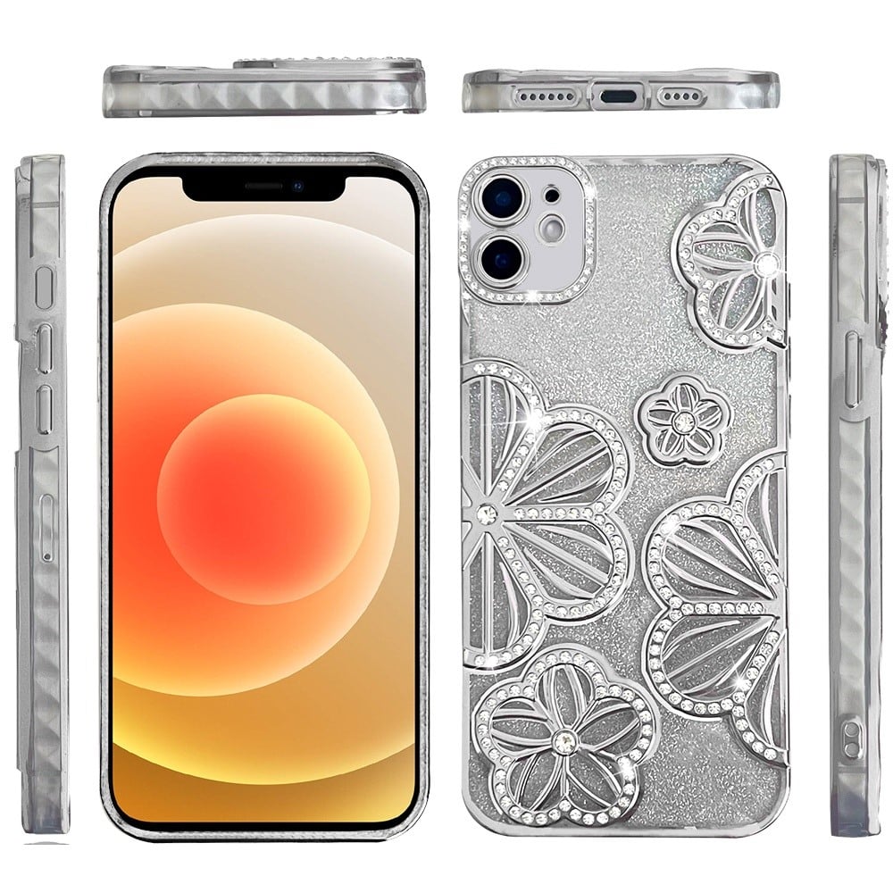 For iPhone 12 / iPhone 12 Pro (6.1") Luxury Flower Design Sparkle Glitter Diamond Rhinestone Shimmer Bling Plating Thick TPU Hard PC Case Cover