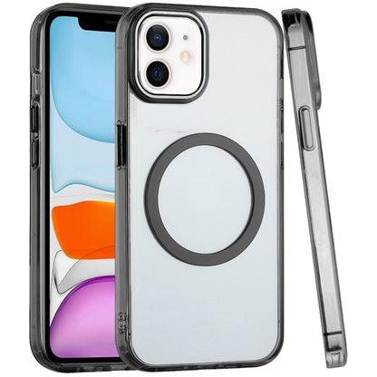 For Apple iPhone 11 Transparent Back Hybrid Case - Magnetic Circle, Color Frame, Metal Buttons, MagSafe Compatible Case Cover