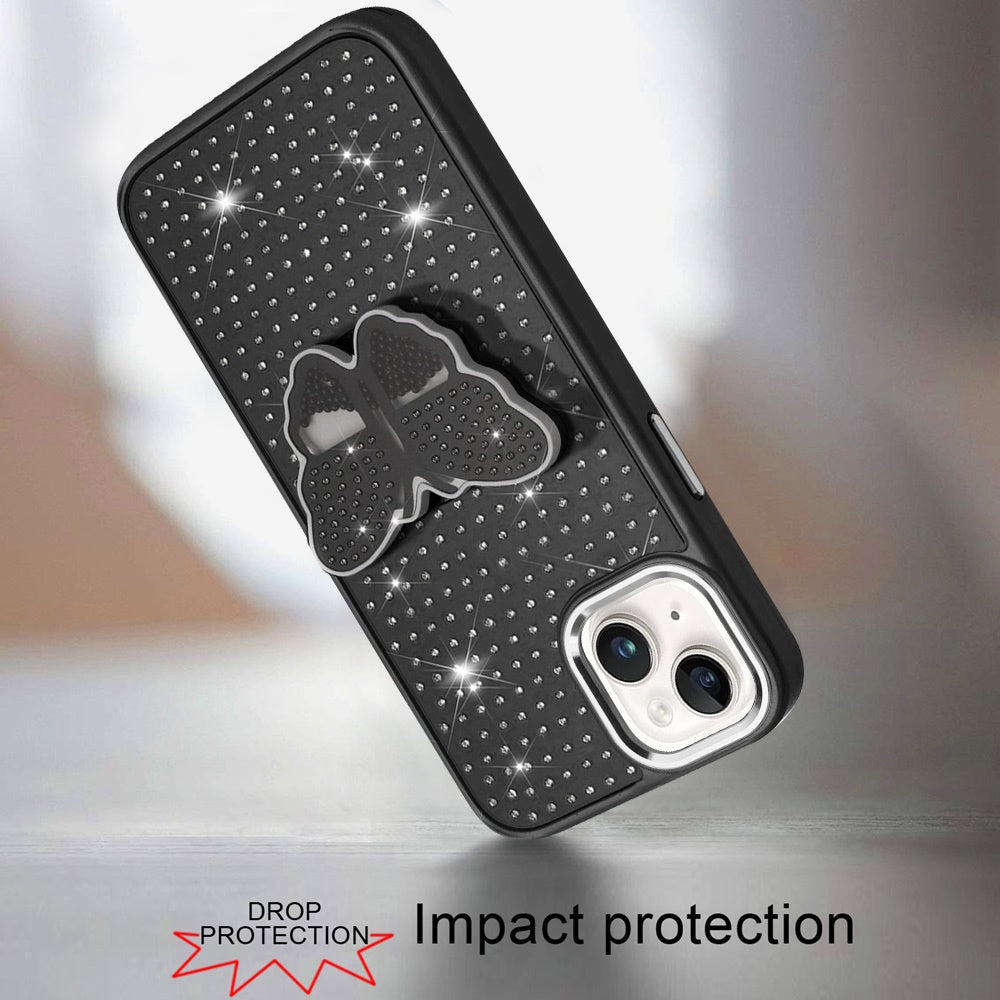 For Apple iPhone 16e Butterfly Moveable Grip 3D Pop Stand Full Diamond Bling Sparkling TPU Fashion Hybrid Case Cover