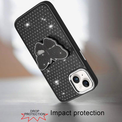 For Apple iPhone 16e Butterfly Moveable Grip 3D Pop Stand Full Diamond Bling Sparkling TPU Fashion Hybrid Case Cover