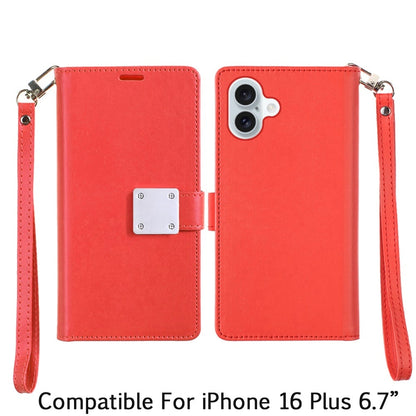 For Apple iPhone 16 Plus Wallet Cases PU Leather with Credit Card /ID /Cash Holder Slot Dual Flip Book Pouch, Stand and Strap Case Cover Red