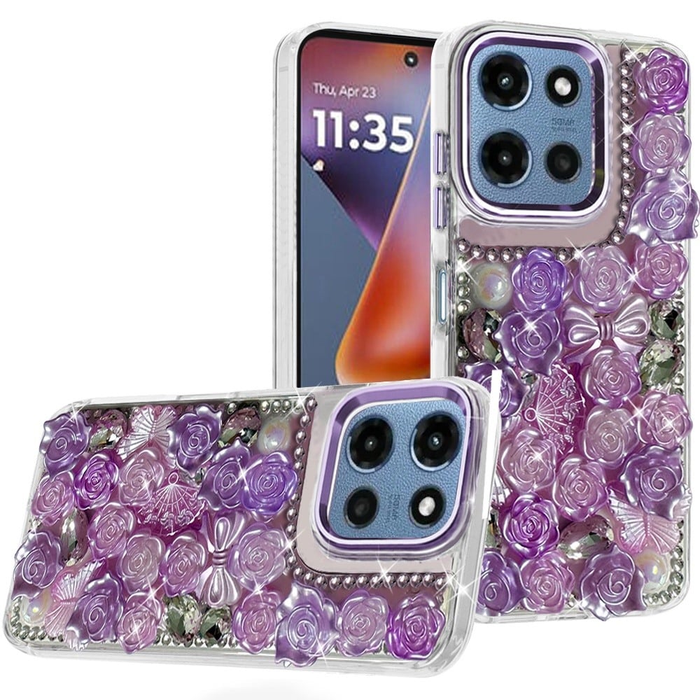 Phone Case for Motorola Moto G 5G 2026 / 2025 3D Flower Bling Rhinestone Glitter Cute Stylish Shockproof Protective Decorative Luxury Grip Stones Ornaments Cover Purple