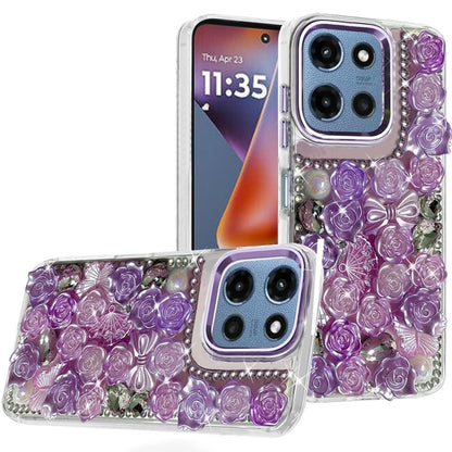Phone Case for Motorola Moto G 5G 2026 / 2025 3D Flower Bling Rhinestone Glitter Cute Stylish Shockproof Protective Decorative Luxury Grip Stones Ornaments Cover Purple