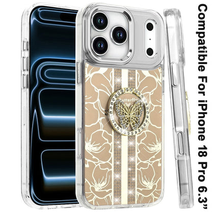 Phone Case for Apple iPhone 18 Pro Floral Butterfly Ring Stand Glitter Bling Shockproof Hybrid Luxury Fashion Protective Anti Slip Durable Grip Cover
