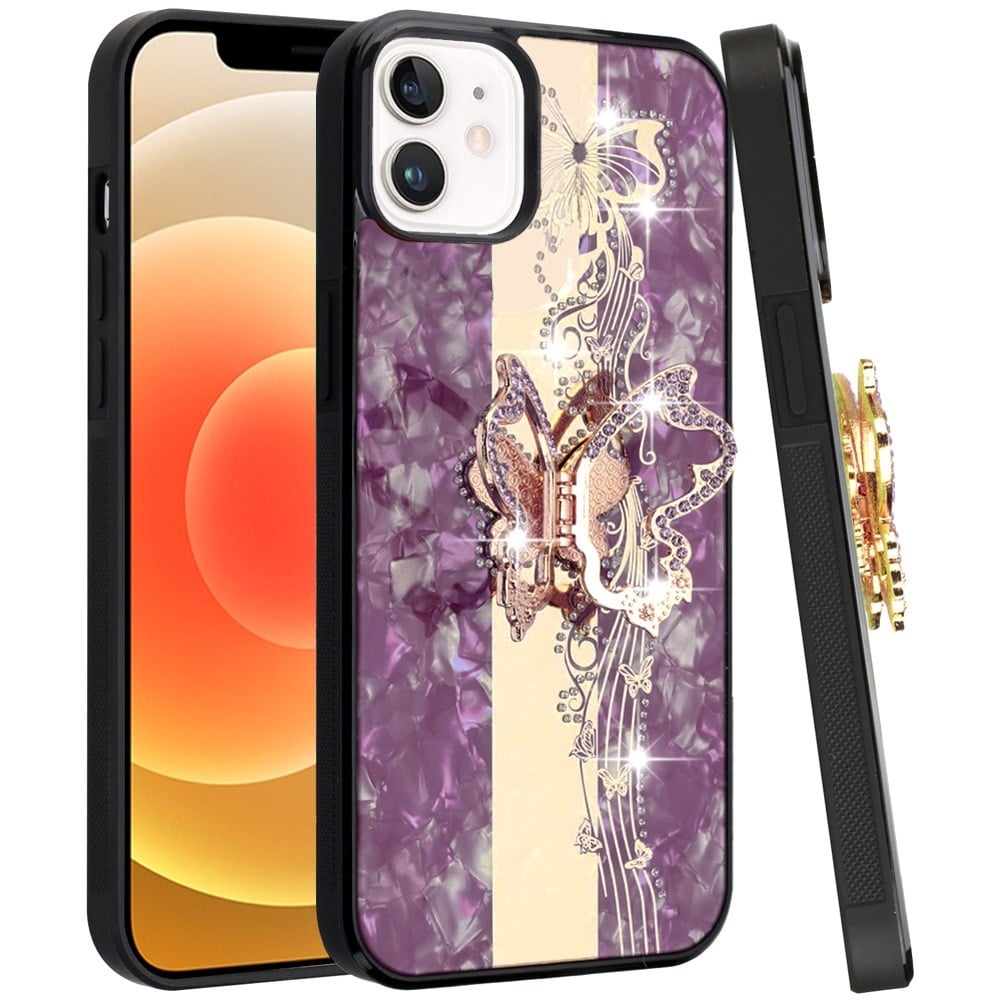 Phone Case for Apple iPhone 12 /12 Pro Diamond Glitter Butterfly Engraved Ring Stand Luxury Bling Hybrid Shockproof Chrome Edge Protective Durable Grip Cover Purple