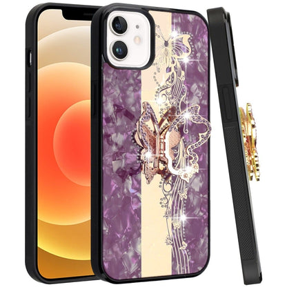 Phone Case for Apple iPhone 12 /12 Pro Diamond Glitter Butterfly Engraved Ring Stand Luxury Bling Hybrid Shockproof Chrome Edge Protective Durable Grip Cover Purple