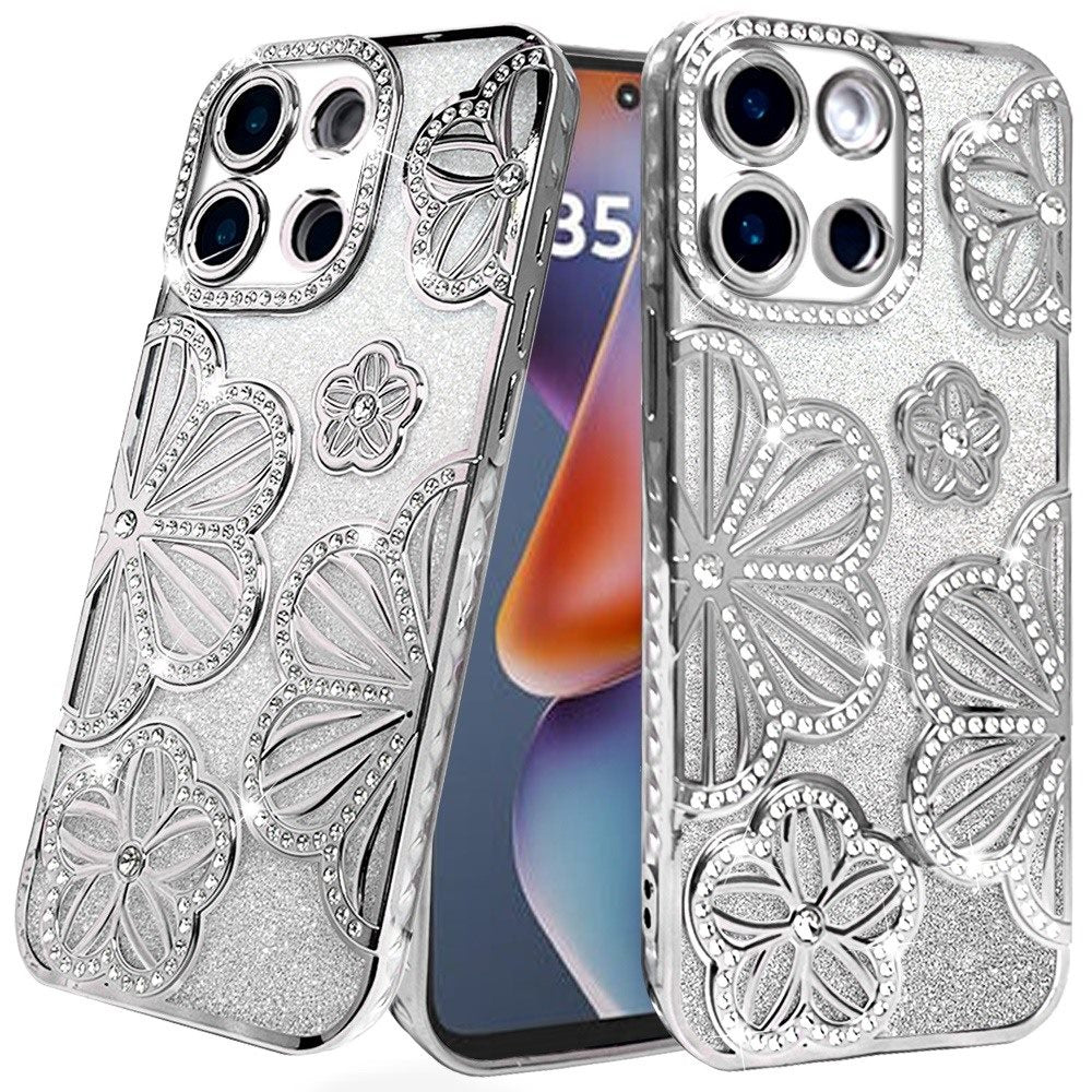 Luxury Flower Design Sparkle Glitter Diamond Rhinestone Shimmer Bling Plating Thick TPU Hard PC