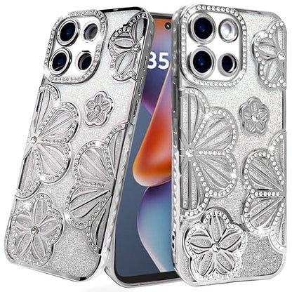 Luxury Flower Design Sparkle Glitter Diamond Rhinestone Shimmer Bling Plating Thick TPU Hard PC
