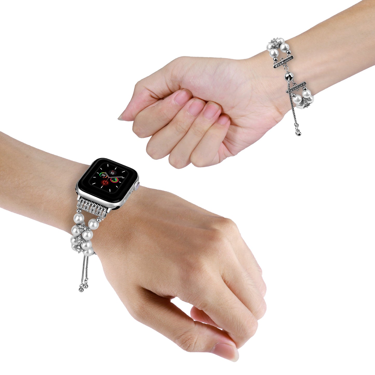 Watch Band for Apple Watch 38/40/41mm, Series 1-8 & SE Pearls Fashion Bling Strand Metal Adjustable replacment Bracelet Style with Secure Attachment