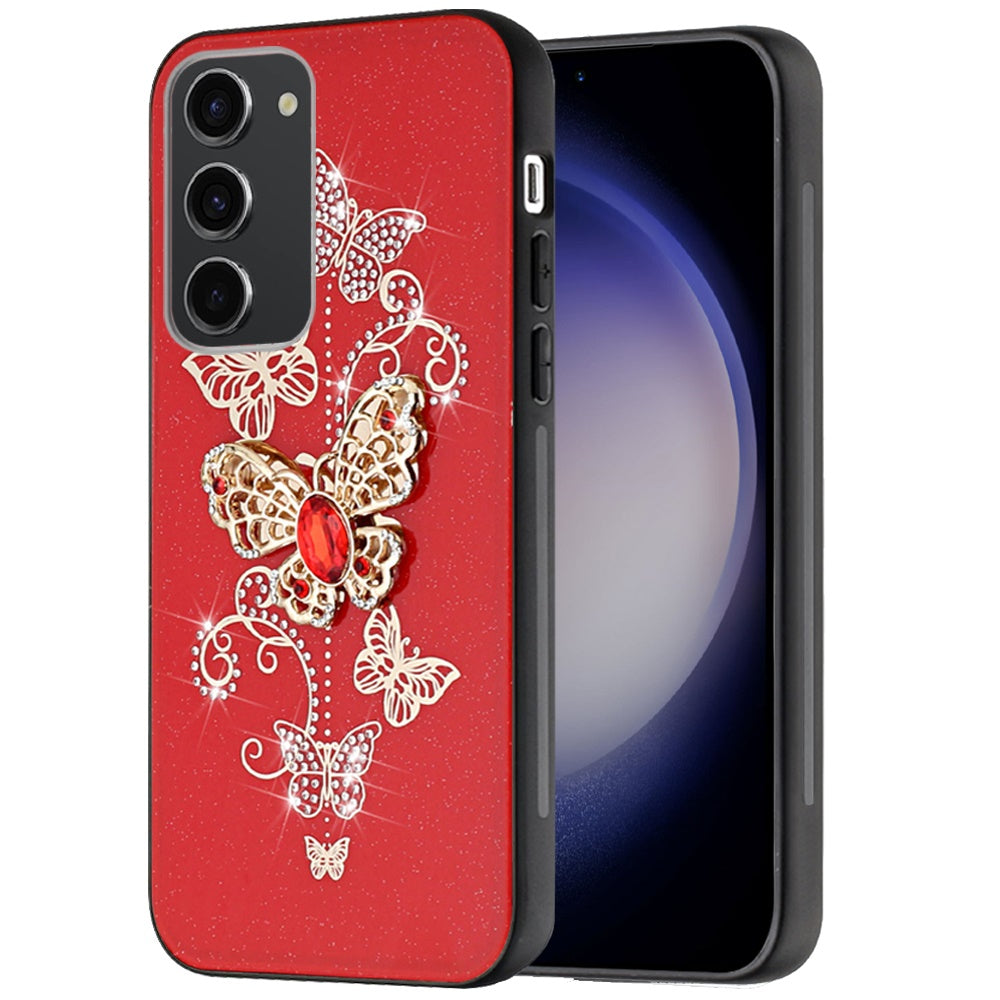 For Apple iPhone 16e Diamonds 3D Butterfly Bling Sparkly Glitter Ornaments Engraving Hybrid Metal Fashion Case Cover Red Garden Butterflies