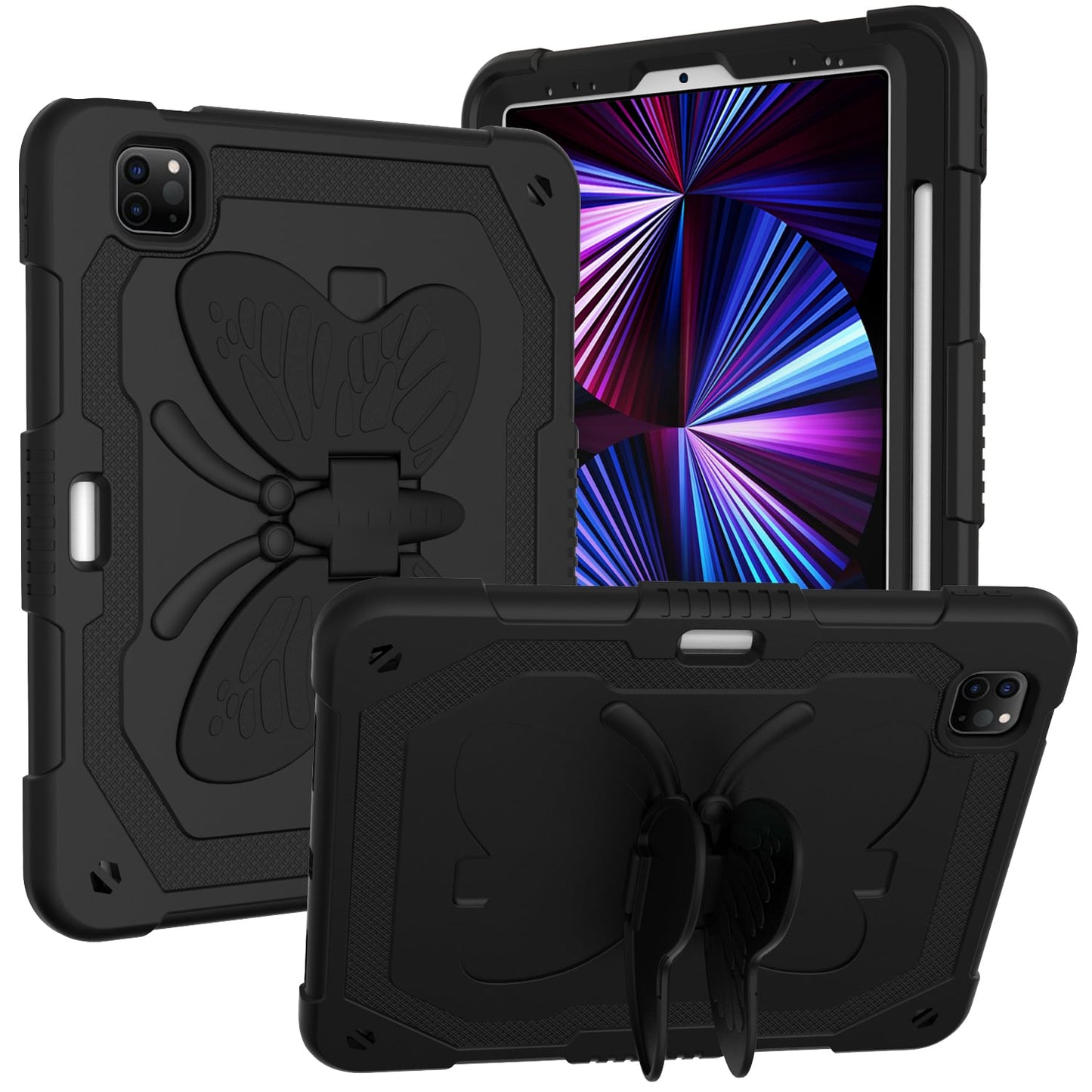 Tablet Case for Apple iPad Air 5th /4th Gen /iPad Pro (11inch) 2024 Butterfly Kickstand Hybrid 3D Design Heavy Duty Shockproff Kids Rubber Shock Absorbing Reinforced Corners Cover Black +Black