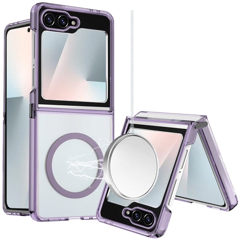 For Samsung Galaxy Z Flip 7 FE / Z Flip 6 Transparent Back Hybrid Case - Magnetic Circle, Color Frame, Metal Buttons, MagSafe Compatible Case Cover