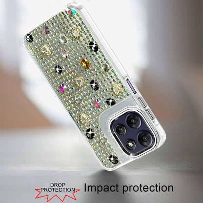 Phone Case for Moto G Power 5G (2026/2025) Chrome Fashion Hybrid Bling Diamond Heart Rhinestone Decorative Stones Sparkling Embellished Design Cover