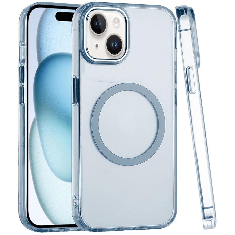 For Apple iPhone 14 /13 Transparent Back Hybrid Case - Magnetic Circle, Color Frame, Metal Buttons, MagSafe Compatible Case Cover
